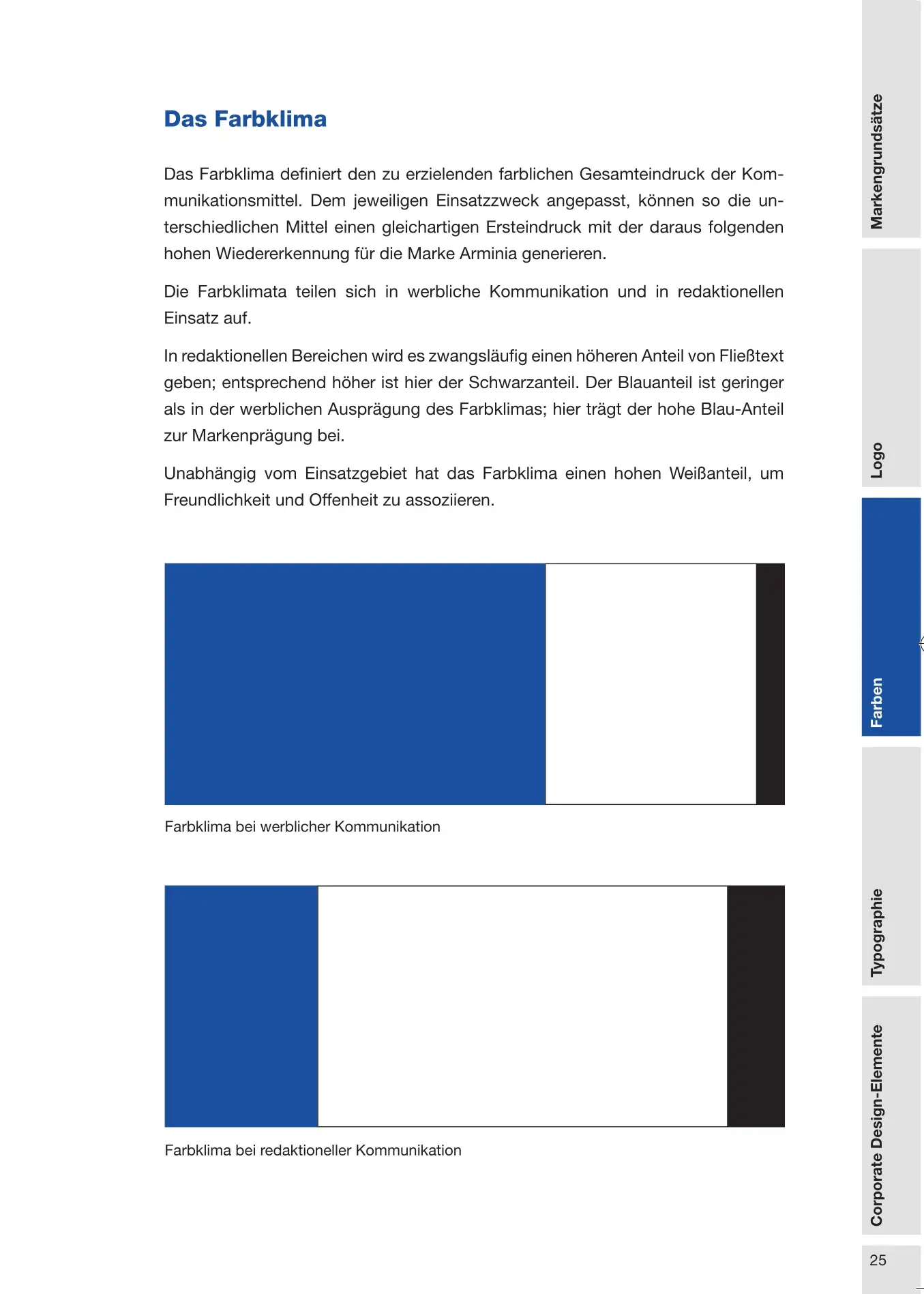 Markenhandbuch Arminia Bielefeld, Seite Farbklima — Regelung des farblichen Gesamteindrucks