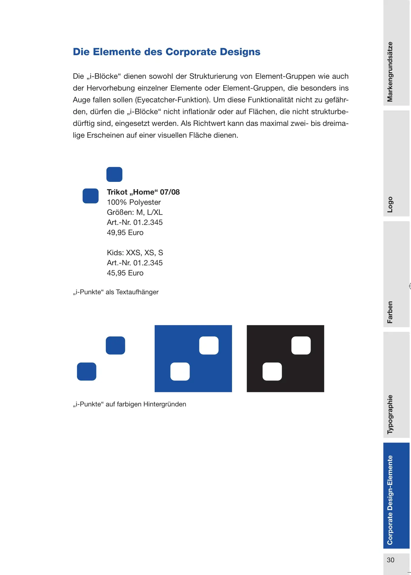 Markenhandbuch Arminia Bielefeld, Seite Corporate-Design-Elemente — Anwendungsregel für die i-Blöcke
