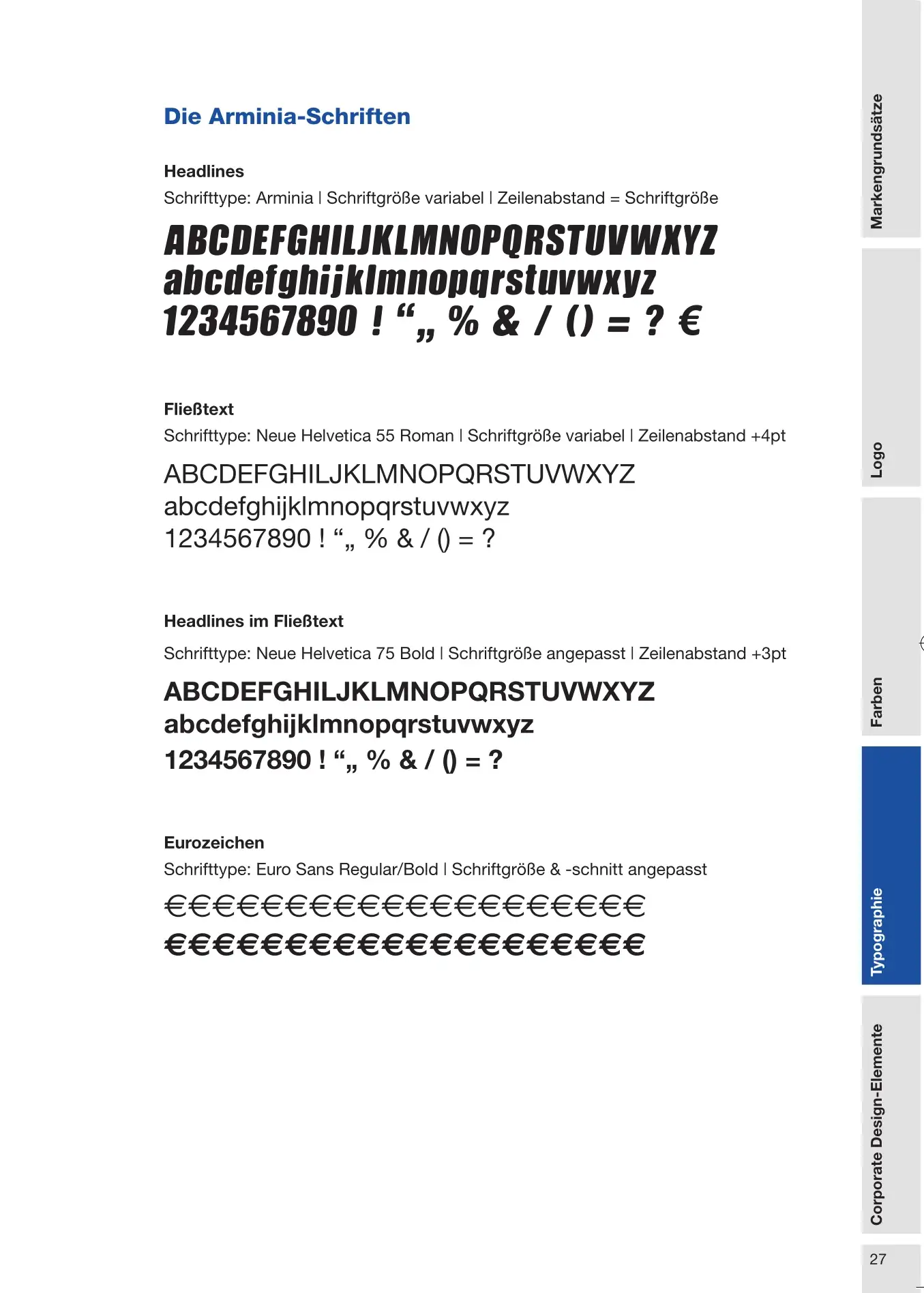 Markenhandbuch Arminia Bielefeld, Seite Typographie — Spezifikation der Hausschrift Arminia