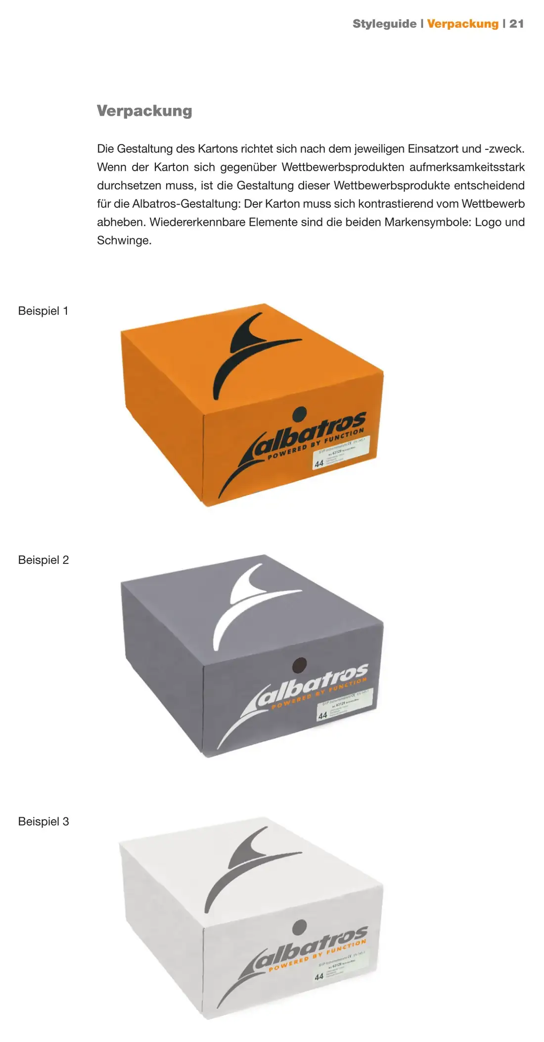 Styleguide Albatros 2005, Seite Verpackung — drei Kartonfassungen für unterschiedliche Wettbewerbsumfelder